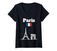 Donna Torre Eiffel Souvenir Parigi Arc De Triomphe Bandiera Francia Maglietta con Collo a V