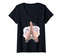 Donna Torre Eiffel Viaggio Primavera Magica Maglietta con Collo a V