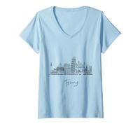 Donna Toscana Italia Skyline Viaggio Souvenir Nero Cityscape Maglietta con Collo a V