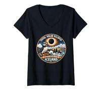 Donna Total Solar Eclipse Iceland 2026 Puffin Eclipse Chaser Patch Maglietta con Collo a V