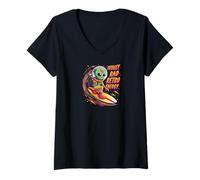 Donna Totally Rad Retro Energy Alien Space Surfer Design Maglietta con Collo a V