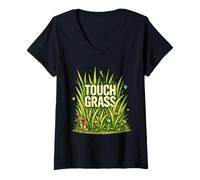 Donna Touch Grass Divertente Natura Introverso Meme Maglietta con Collo a V