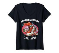 Donna tra i capitoli I Feed The Koi Funny Book Lover Maglietta con Collo a V