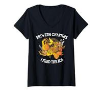 Donna tra i capitoli I Feed The Koi Funny Book Lover Maglietta con Collo a V