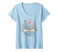 Donna tra Libri e Fiori Amante dei Libri Lettore Fiori Selvatici Maglietta con Collo a V