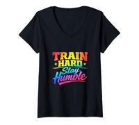 Donna Train Hard Stay Umile Palestra Motivazionale Maglietta con Collo a V
