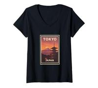 Donna Tramonto a Tokyo Giappone Alba Tramonto Alba Alba Alba Viaggi Arte Grafica Maglietta con Collo a V