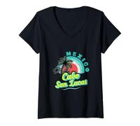 Donna Tramonto Palme Cabo San Lucas Messico Vacanza Vintage Maglietta con Collo a V