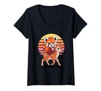 Donna Tramonto Retrò Panda Rosso Cervo Orso Panda Maglietta con Collo a V