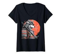Donna Tramonto Samurai Lupo Guerriero Giapponese Stile Ukiyo-e Maglietta con Collo a V