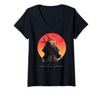 Donna Tramonto Samurai Volpe Guerriero Giapponese Stile Ukiyo-e Maglietta con Collo a V