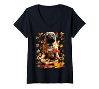 Donna Tranquillo, Carlino, con, Autunno, Foglie, Meditazione, Animale, Autunno, Yoga Maglietta con Collo a V