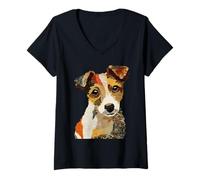 Donna Trapunta Patchwork Jack Russell con Collage Bohémien e Grafica Artistica Maglietta con Collo a V