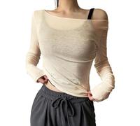 Donna Trasparente Maglia Off The Shoulder Tops Manica Lunga Camicie Trasparenti Per Uscire Party Club Outfits Casacca Donna (Cachi, L)