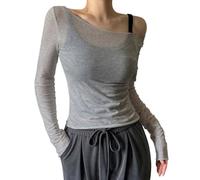 Donna Trasparente Maglia Off The Shoulder Tops Manica Lunga Camicie Trasparenti Per Uscire Party Club Outfits Casacca Donna (Grigio, M)
