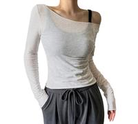 Donna Trasparente Mesh Tops Senza Spalline Manica Lunga Camicie Trasparenti per Uscire Party Club Outfits, bianco, S