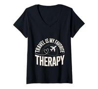 Donna Travel Is My Favorite Therapy Escape Traveler Vacation - Maglietta con Collo a V