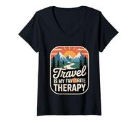 Donna Travel Is My Favorite Therapy Escape Traveler Vacation Maglietta con Collo a V