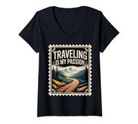 Donna Traveling Is My Passion Viaggiatore Esploratore |- Maglietta con Collo a V