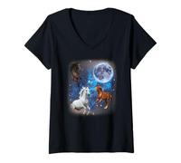 Donna Tre Cavalli Che ululano alla Luna Strano Cavallo Meme Maglietta con Collo a V