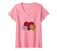 Donna Tre Forme di Cuore con Motivo Leopardato e Scozzese Maglietta con Collo a V