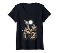 Donna Tre Giraffe Che ululano alla Luna Maglietta con Collo a V