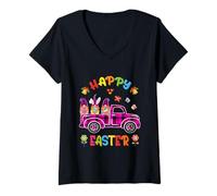 Donna Tre gnomi Bunny Holding Egg Happy Easter Day Truck Pasqua Maglietta con Collo a V