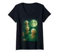 Donna Tre Granny Moon 3 Vecchie Signore retrò Howling Maledetto Meme Maglietta con Collo a V