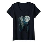 Donna Tre Lupi Ululano alla Luna 3 Lupo Luna Maglietta con Collo a V