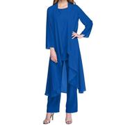 Donna Tre Pezzi Camicetta in Chiffon Tulle Abito da Sera Set Chiffon Formale Abito da Sposa con Giacca Adatto per la Madre della Sposa Festive Abito Pantaloni (Blu Scuro,M)