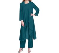 Donna Tre Pezzi Camicetta in Chiffon Tulle Abito da Sera Set Chiffon Formale Abito da Sposa con Giacca Adatto per la Madre della Sposa Festive Abito Pantaloni (Ciano,XXL)