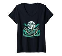 Donna Tre Strani Coccodrilli Luna Divertente 3 Alligatore Dead Moon Maglietta con Collo a V