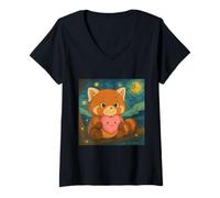 Donna Tree Dweller Panda rosso con cuore in mano Van Gogh Art Maglietta con Collo a V