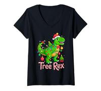 Donna Tree Rex Christmas Costume T-Rex Dinosaur Xmas Light Family Maglietta con Collo a V