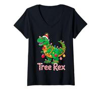 Donna Tree Rex Christmas Costume T-Rex Dinosaur Xmas Light Family Maglietta con Collo a V