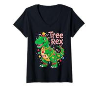 Donna Tree Rex Christmas Costume T-Rex Dinosaur Xmas Light Family Maglietta con Collo a V