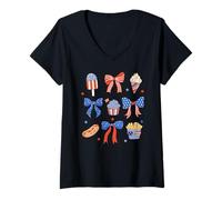 Donna Trendy Apparel 4th of July Red White & Blue Bows & Snacks Maglietta con Collo a V
