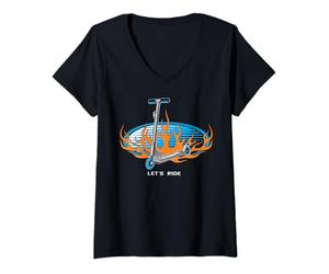 Donna Trendy Apparel Blue Scooter Flames Background Lets Ride Maglietta con Collo a V