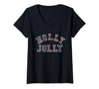 Donna Trendy Apparel Christmas Jolly Plaid Bold Lettering Maglietta con Collo a V