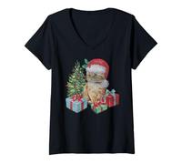 Donna Trendy Apparel Christmas Kitten Santa Hat Holiday Tree Gifts Maglietta con Collo a V