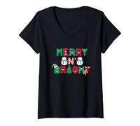 Donna Trendy Apparel Christmas Merry N' Bright Happy Snowman Maglietta con Collo a V