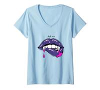 Donna Trendy Apparel Halloween Bite Me Vampire Lips Fangs Dripping Maglietta con Collo a V