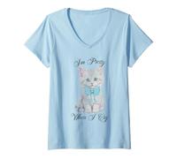 Donna Trendy Apparel I'm Pretty When I Cry Cute Kitten Blue Bow Maglietta con Collo a V