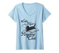 Donna Trendy Apparel Late Night Reading Club Black Cat On Book Maglietta con Collo a V