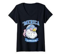 Donna Trendy Apparel 'Merica Rizz White And Blue Bald Eagle Shades Maglietta con Collo a V