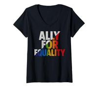 Donna Trendy Apparel Pride Ally for Equality Big Rainbow Text Maglietta con Collo a V