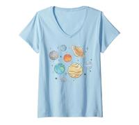 Donna Trendy Apparel Solar System Planets Jumbled Watercolor Style Maglietta con Collo a V
