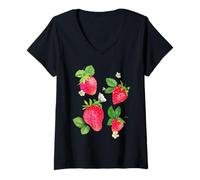 Donna Trendy Apparel Strawberry Summer White Flowers And Bees Maglietta con Collo a V