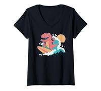 Donna Trendy Apparel T-Rex Dinosaur Surfing On A Big Ocean Wave Maglietta con Collo a V