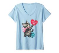 Donna Trendy Apparel Valentine's Day Dump Him Cute Kitten with Bow Maglietta con Collo a V